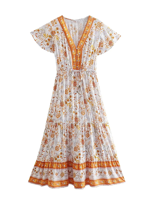 Fashion Orange Rayon Print Fly-sleeve Dress