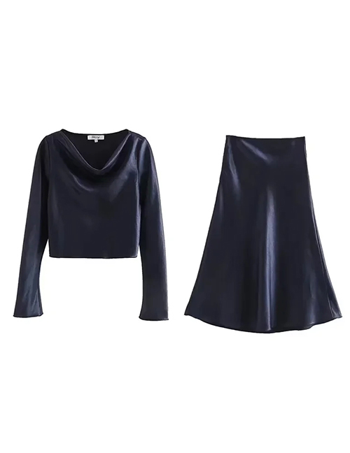 Fashion Navy Blue Bright Satin Swing Collar Top High Waist Skirt Set