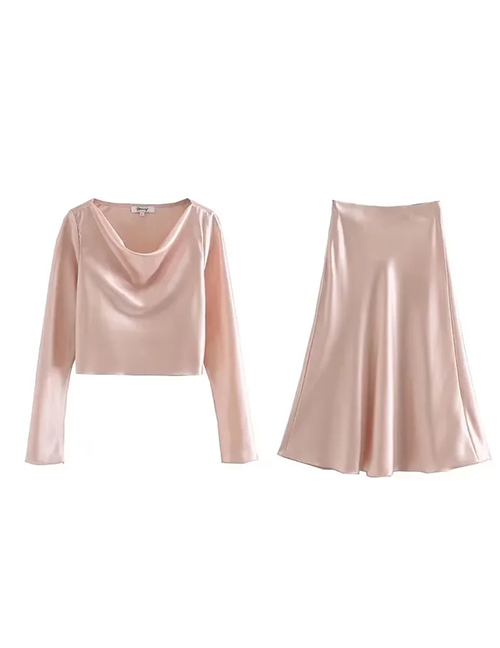 Fashion Pink Bright Satin Swing Collar Top High Waist Skirt Set