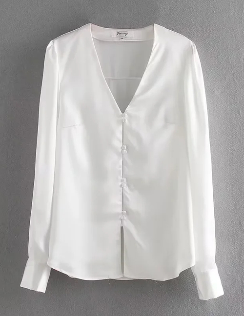Fashion White Buttoned V-neck Satin Shirt