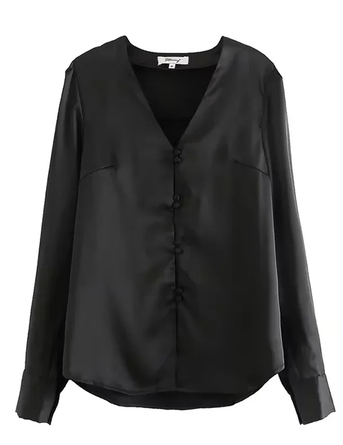 Fashion Black Buttoned V-neck Satin Shirt