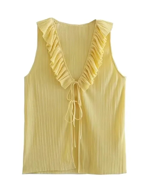 Fashion Yellow Ice Silk Crinkle Ruffle Sleeveless Top
