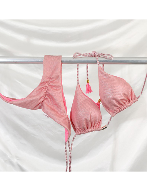 Fashion Glossy Light Pink Polyester Halter Neck Tie Split Swimsuit