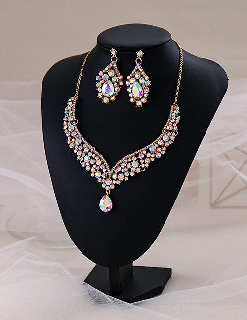 Fashion Color Alloy Diamond Geometric Drop Necklace Set
