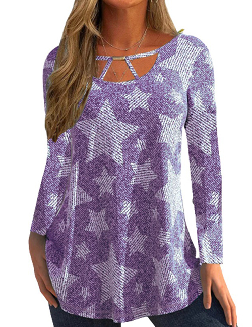 Fashion Purple Pentagram Print Crew Neck Long Sleeve Top