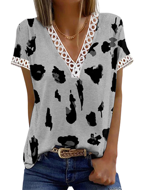 Fashion Grey V-neck Printed Lace Top