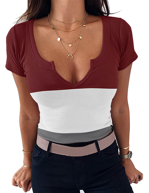 Fashion Claret Tricolor Panel V-neck Short Sleeve Top