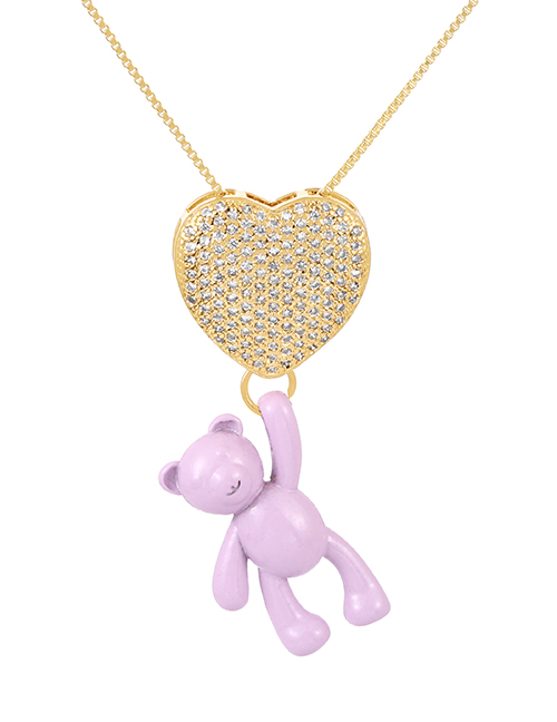 Fashion Light Purple Bronze Zirconium Heart Bear Pendant Necklace