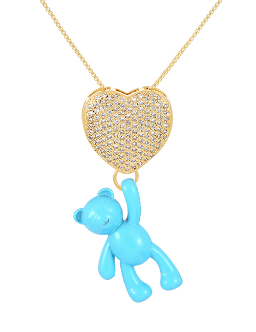 Fashion Light Blue Bronze Zirconium Heart Bear Pendant Necklace