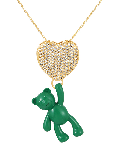 Fashion Dark Green Bronze Zirconium Heart Bear Pendant Necklace