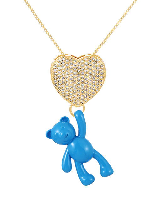 Fashion Blue Bronze Zirconium Heart Bear Pendant Necklace