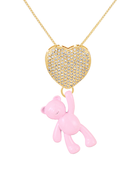 Fashion Light Pink Bronze Zirconium Heart Bear Pendant Necklace