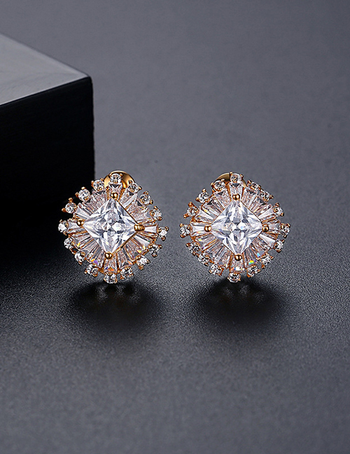 Fashion Champagne Gold Brass Inset Zirconium Square Stud Earrings