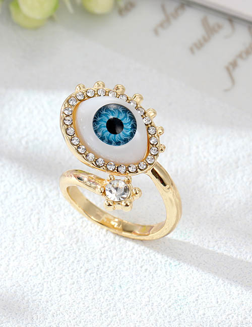 Fashion Light Blue Eye Ring With Diamonds Alloy Diamond Geometric Eye Open Ring