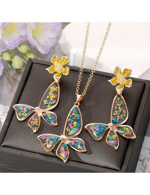 Fashion Colorful Butterfly Set Alloy Floral Butterfly Flower Stud Necklace Set