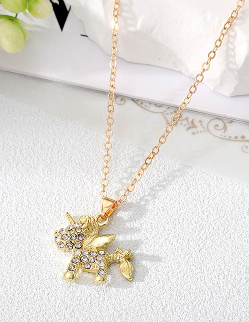 Fashion White Diamond Golden Unicorn Alloy Diamond Unicorn Necklace