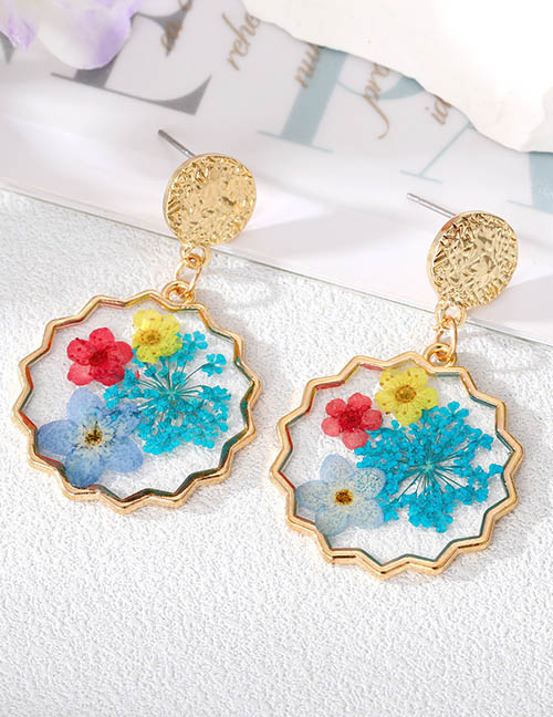 Fashion Small Blue Flowers Alloy Dried Flower Set Gold Foil Geometric Flower Stud Earrings