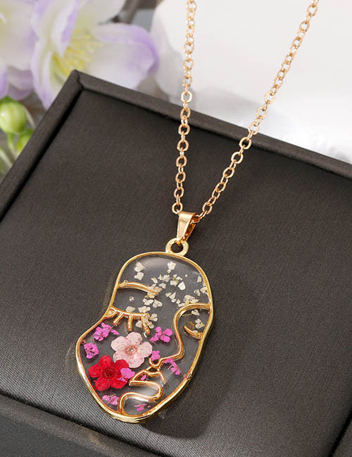 Fashion Pink Face Dried Flower Necklace Alloy Face Dried Flower Necklace