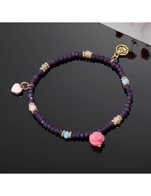 Fashion Dark Purple Geometric Glass Beaded Rose Heart Bracelet