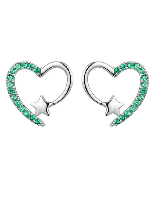 Fashion Silver Green Alloy Diamond Heart Stud Earrings