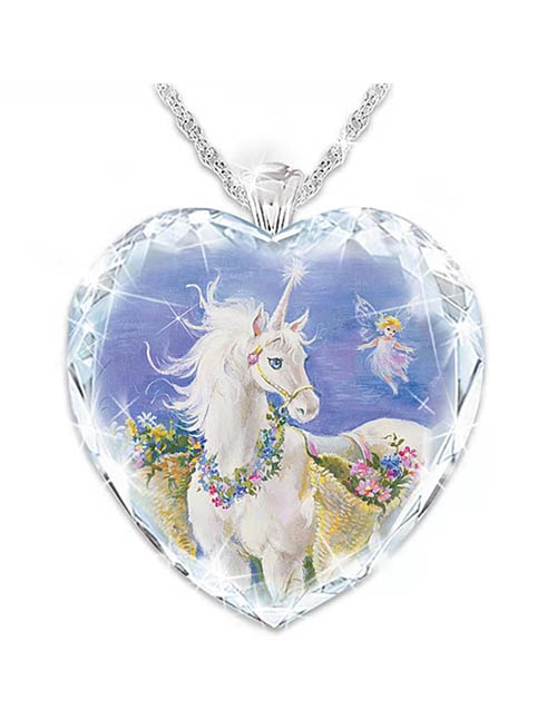 Fashion 0570 Unicorn Alloy Geometric Heart Crystal Unicorn Necklace