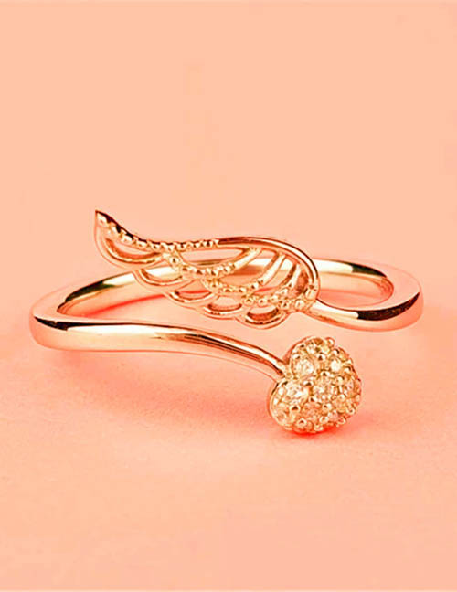 Fashion Rose Gold Alloy Diamond Heart Wings Open Ring