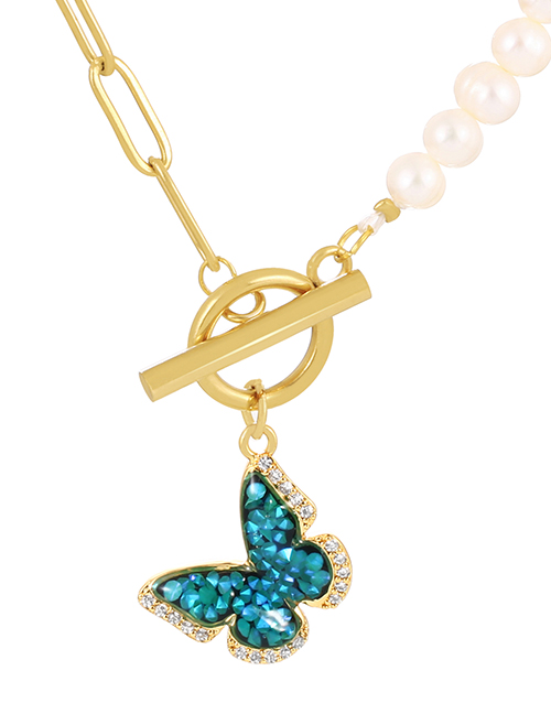 Fashion Blue Bronze Zircon Butterfly Pendant With Ot Buckle And Pearl Necklace