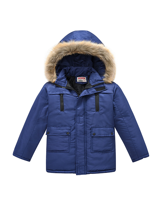 Fashion 11 Dark Blue Fleece-blend Hooded Two-pocket Padded Jacket