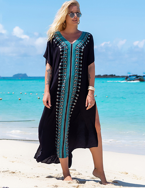 Fashion 6 Black Fox Rayon Embroidered V-neck Slit Swimsuit Cover-up Skirt