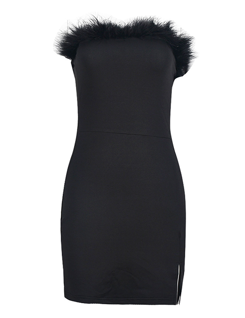 Fashion Black Strapless Fur Collar Cutout Dress