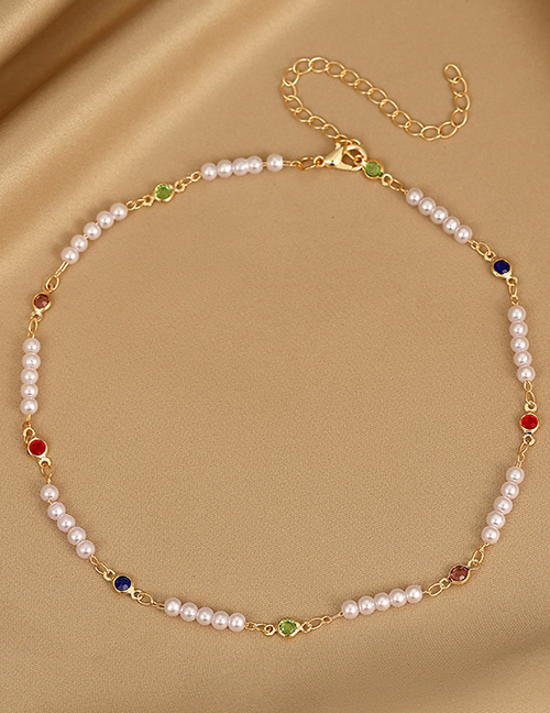 Fashion 7# Pure Copper Pearl Beaded Colorful Crystal Necklace