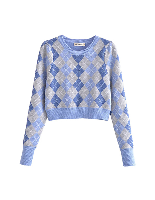Fashion Blue Diamond Knit Crewneck Sweater