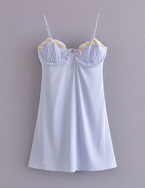 Fashion Blue Floral-embroidered Crinkled-satin Slip Dress