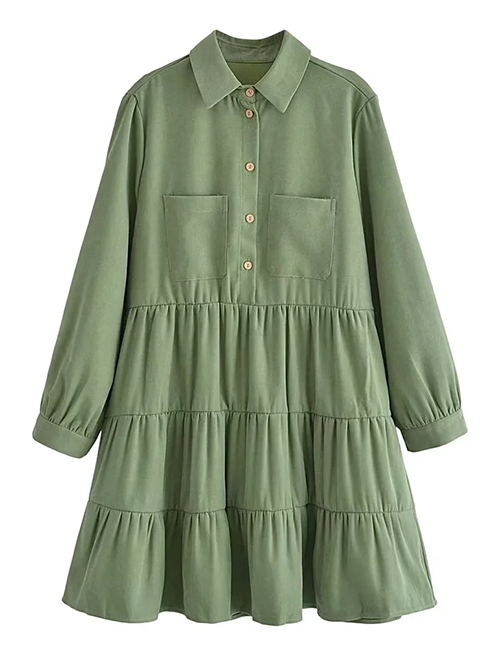 Fashion Green Woven Lapel-breasted Layered Dress