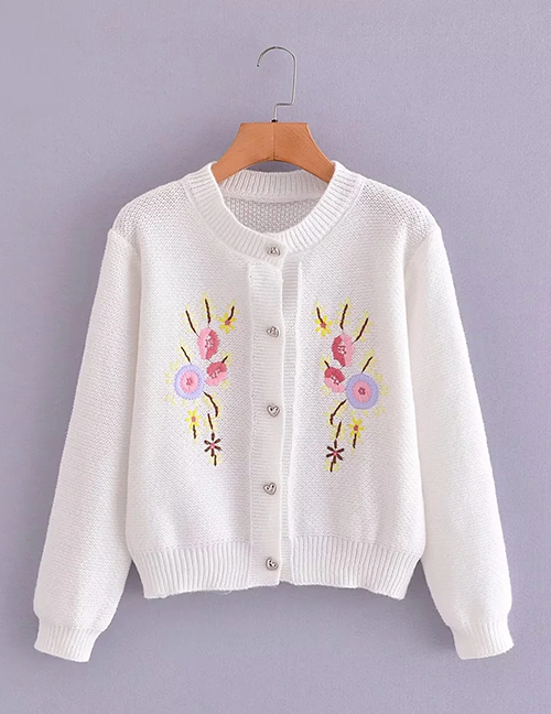 Fashion White Floral Embroidered Knitted Cardigan