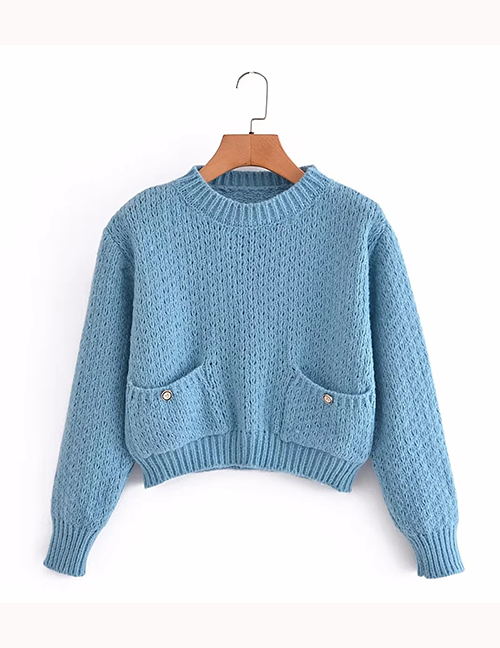 Fashion Blue Pullover Sweater With Pockets
