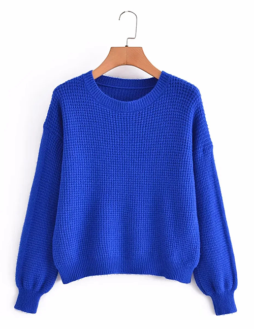 Fashion Royal Blue Round Neck Pullover Knitted Sweater