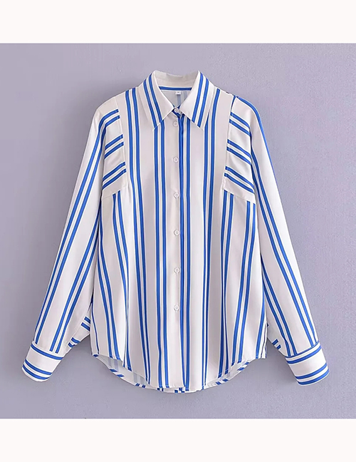 Fashion Blue Woven Striped Button Down Collar Shirt