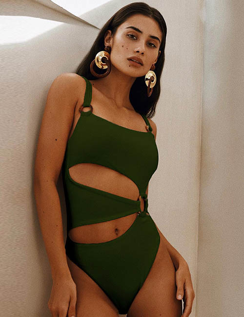 Fashion Army Green Polyester Cutout One Piece Swimsuit