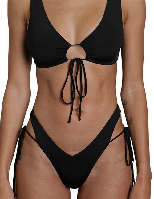 Fashion Black Polyester Cutout Tie Swimsuit