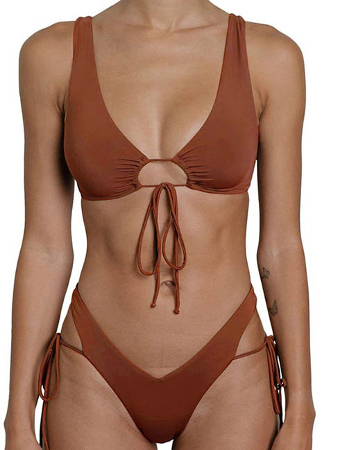 Fashion Brown Polyester Cutout Tie Swimsuit