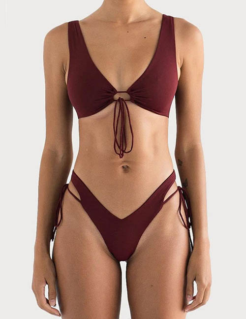 Fashion Wine Red Polyester Cutout Tie Swimsuit