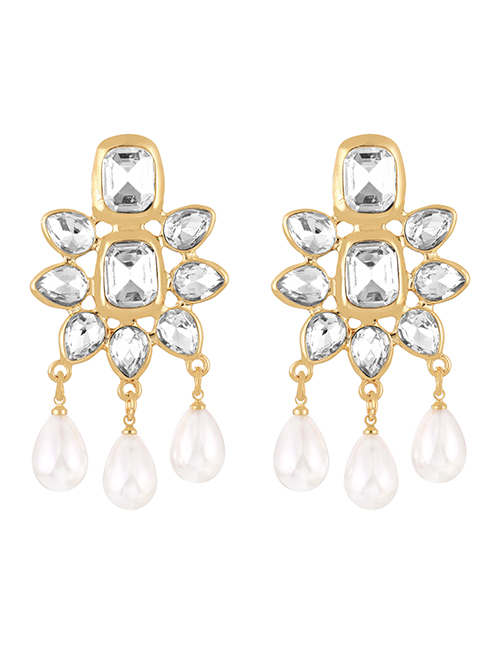 Fashion White Alloy Diamond Drop Pearl Tassel Stud Earrings