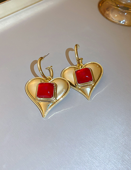 Fashion Red Metal Square Pearl Heart Earrings