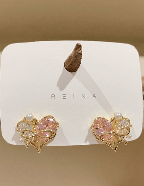 Fashion Pink Metal Zirconium Heart Stud Earrings