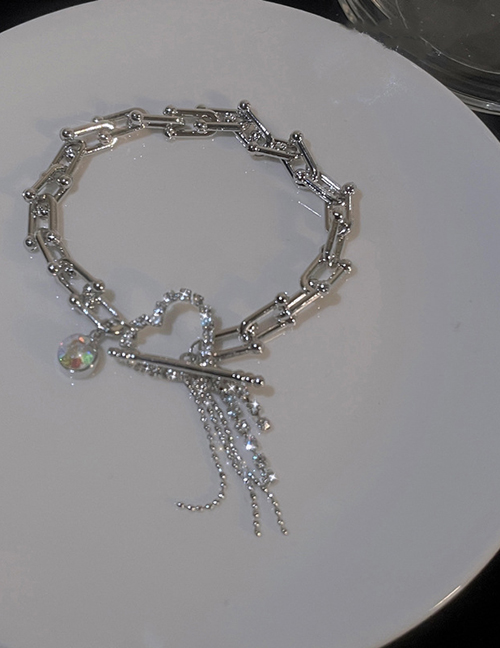 Fashion Silver Color Metal Diamond Heart Tassel Ot Buckle Bracelet