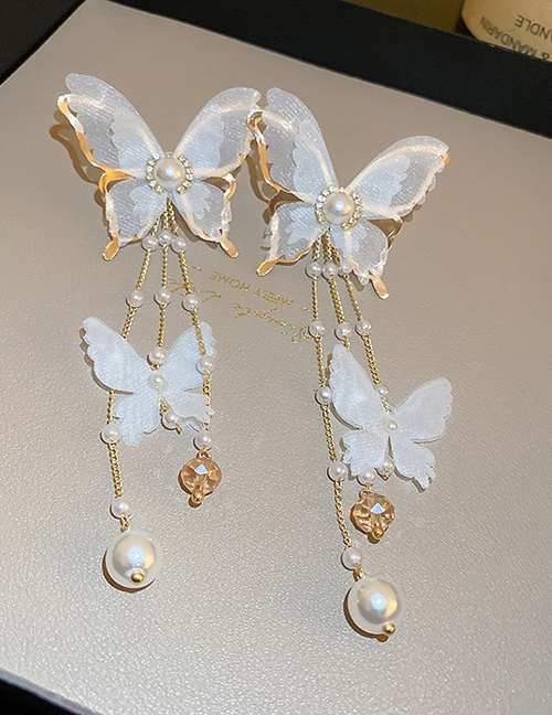 Fashion White Alloy Geometric Pearl Fringe Butterfly Drop Earrings