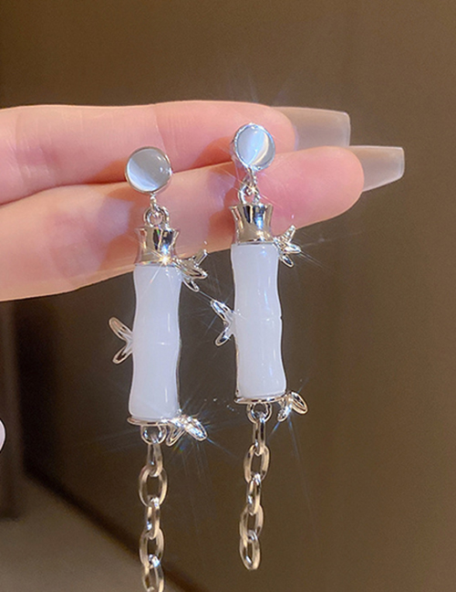 Fashion Silver Needle - White Cat's Eye Bamboo Text Tassel Earrings