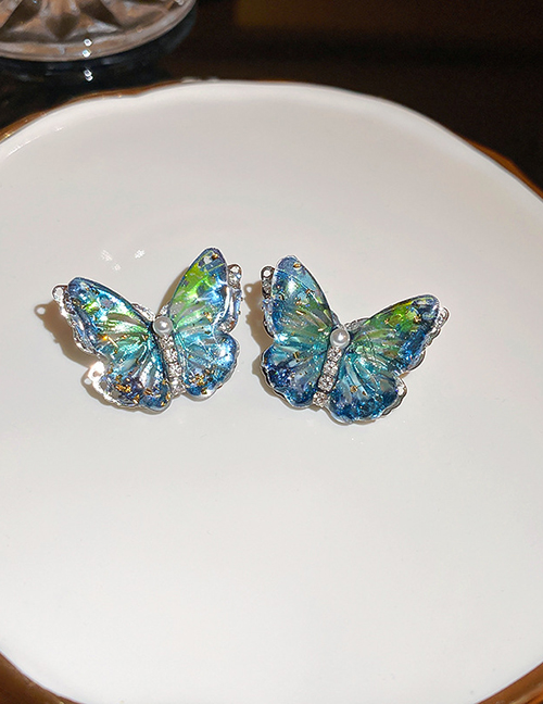 Fashion Silver Needle - Green Metal Zirconium Pearl Butterfly Stud Earrings