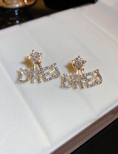 Fashion Silver Needle - Gold Alloy Diamond Pentagram Alphabet Stud Earrings